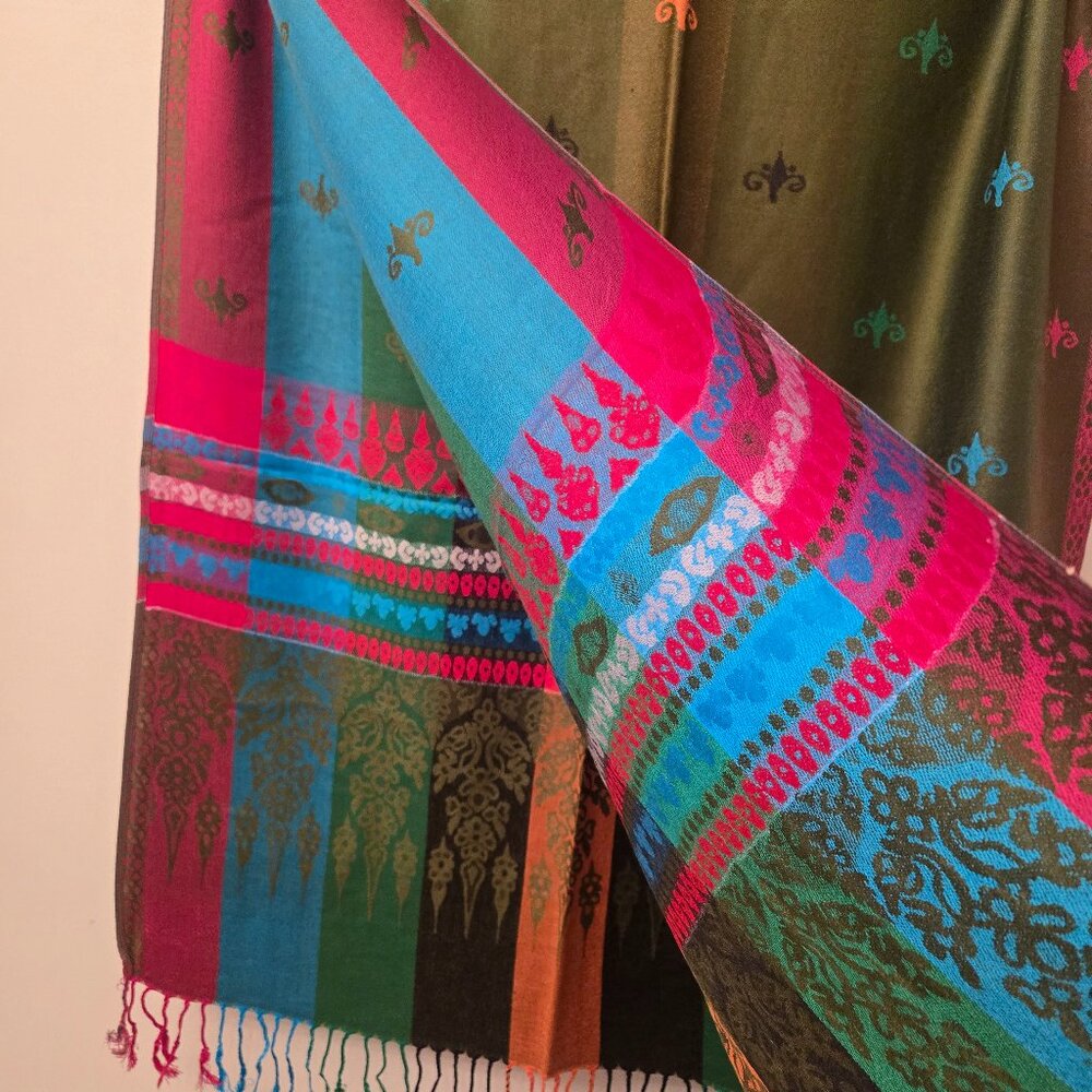Army green /rainbow cashmere pashmina - Picture 5 of 6